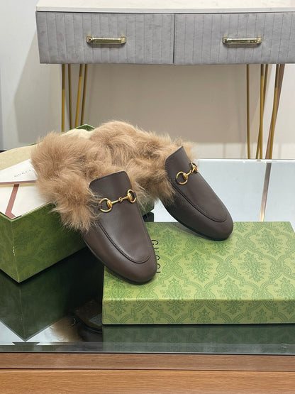 HORSEBIT MULE IN MOCHA BROWN CALFSKIN AND LAMB WOOL LINING mysite