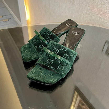 GG VELVET HIGH HEEL SANDALS WITH BEAUTIFUL LOGO DETAILS GREEN FOREST mysite