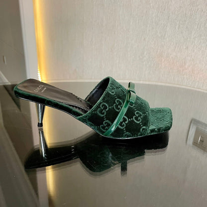 GG VELVET HIGH HEEL SANDALS WITH BEAUTIFUL LOGO DETAILS GREEN FOREST mysite