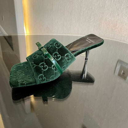 GG VELVET HIGH HEEL SANDALS WITH BEAUTIFUL LOGO DETAILS GREEN FOREST mysite