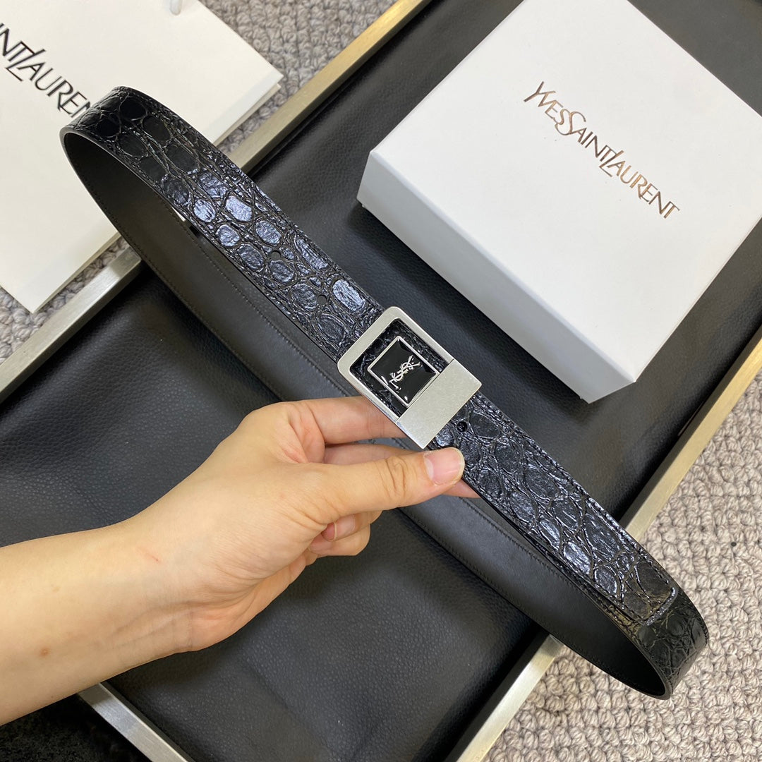 YSL 25S BELT 30 MM IN BLACK EMBOSSED CALFSKIN 464868 mysite