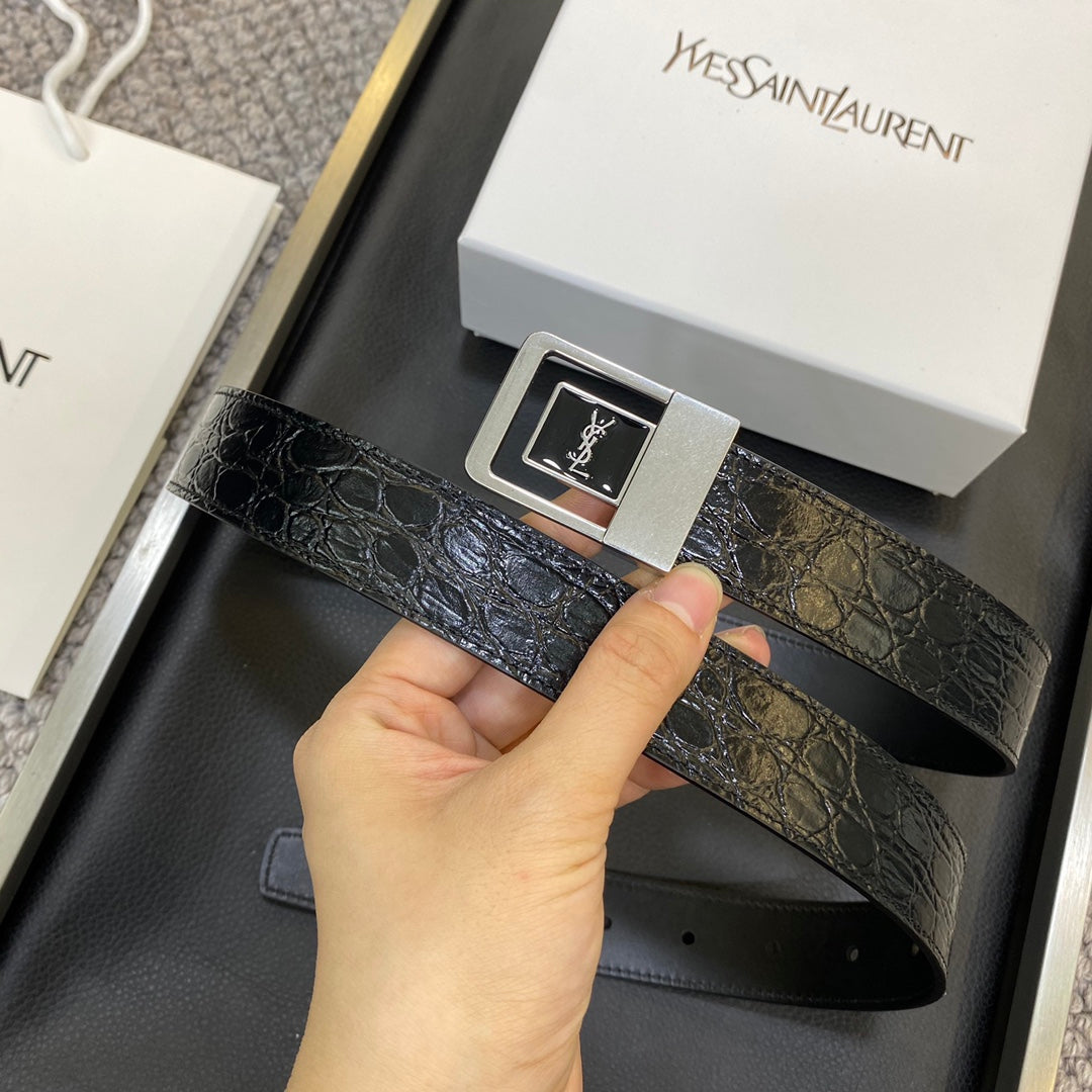 YSL 25S BELT 30 MM IN BLACK EMBOSSED CALFSKIN 464868 mysite