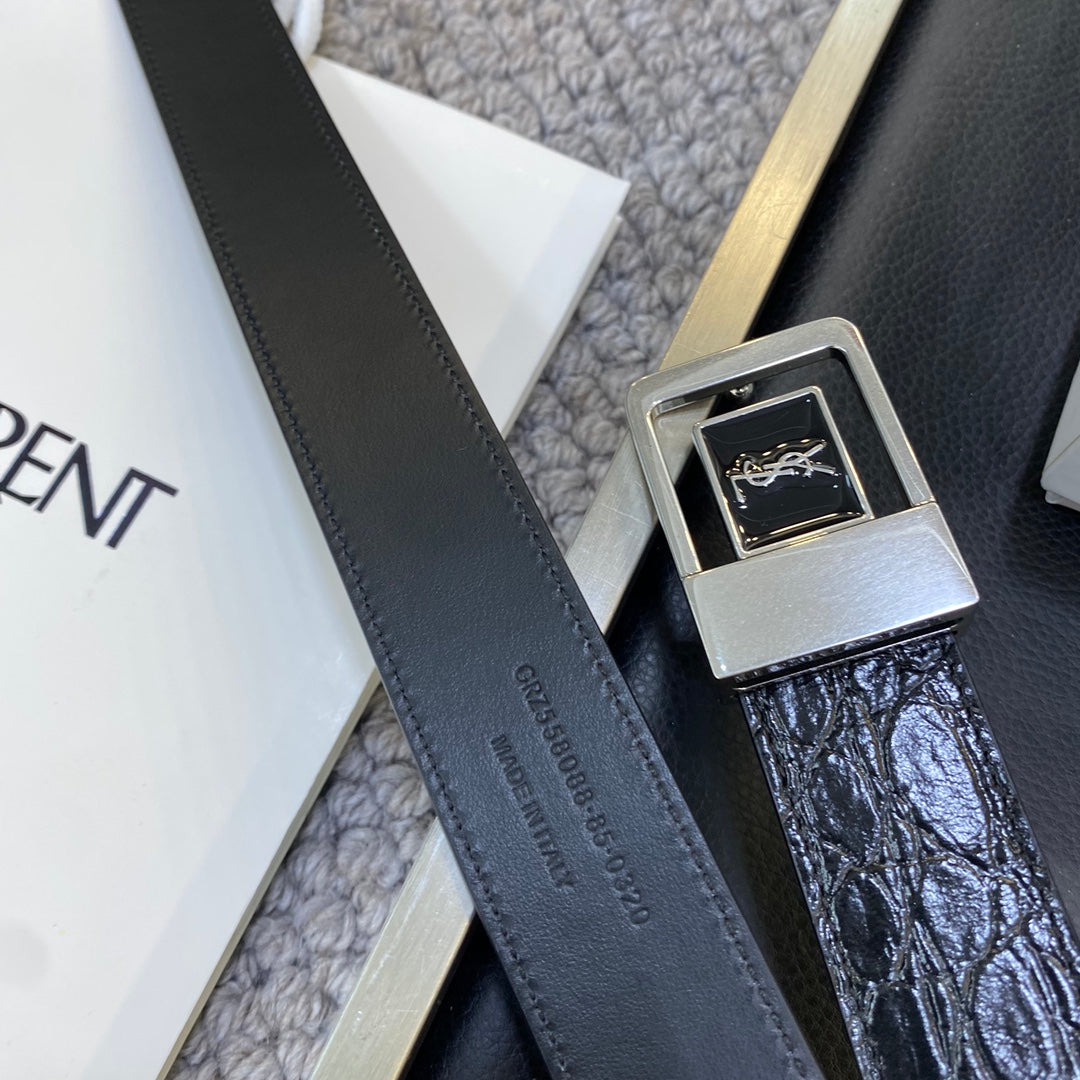 YSL 25S BELT 30 MM IN BLACK EMBOSSED CALFSKIN 464868 mysite
