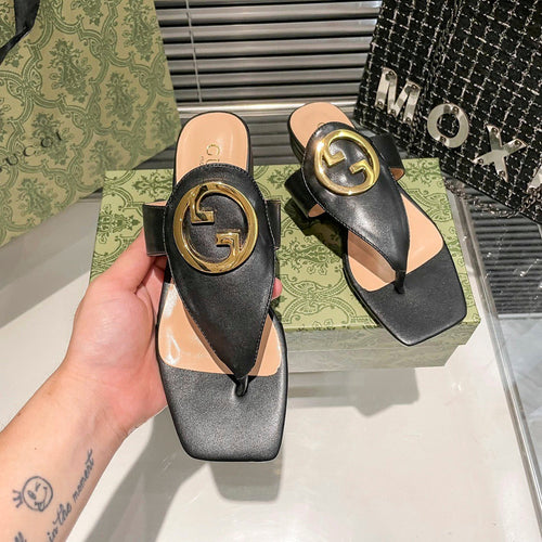 Fashion metal ring square-toe thong flat slides-s2 mysite