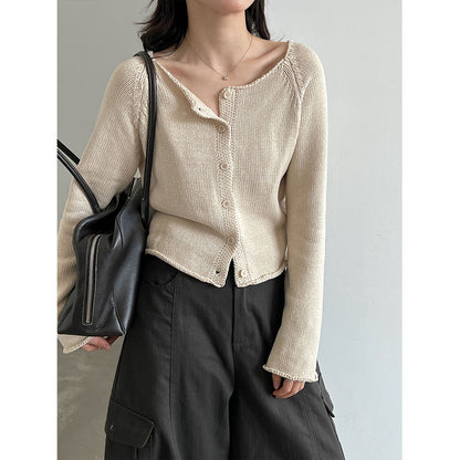 Edge Round Neck Knit Cardigan Women Versatile Minimalist Sweater Short Top