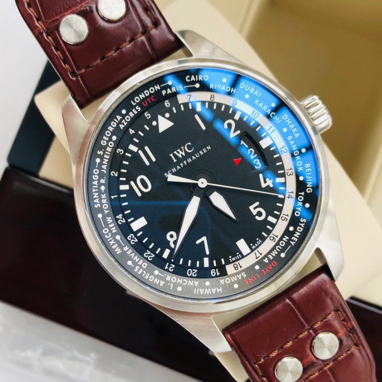 Replica Pilot Worldtimer IW326201 Steel Black Dial Brown Alligator Strap 44mm