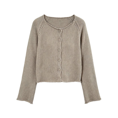 Edge Round Neck Knit Cardigan Women Versatile Minimalist Sweater Short Top