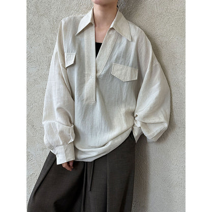 V-Neck Linen Shirt for Women, Long Sleeve, Autumn New Arrival, Elegant Blogger Loose Fit Design Blouse