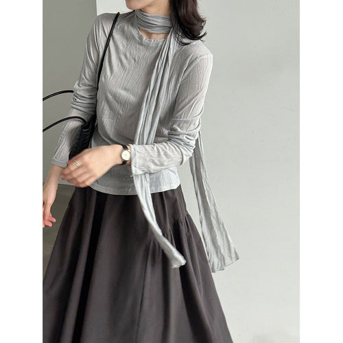 Soft long-sleeve T-shirt for women, autumn new style, slimming pleated TENCEL blend undershirt with scarf pairing
