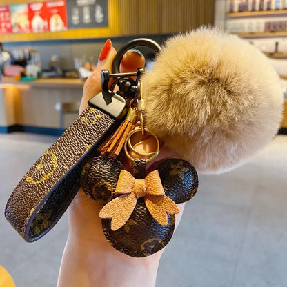 Luxury Mickey Keychain – Faux Leather & Fur Pom Charm-s2 mysite