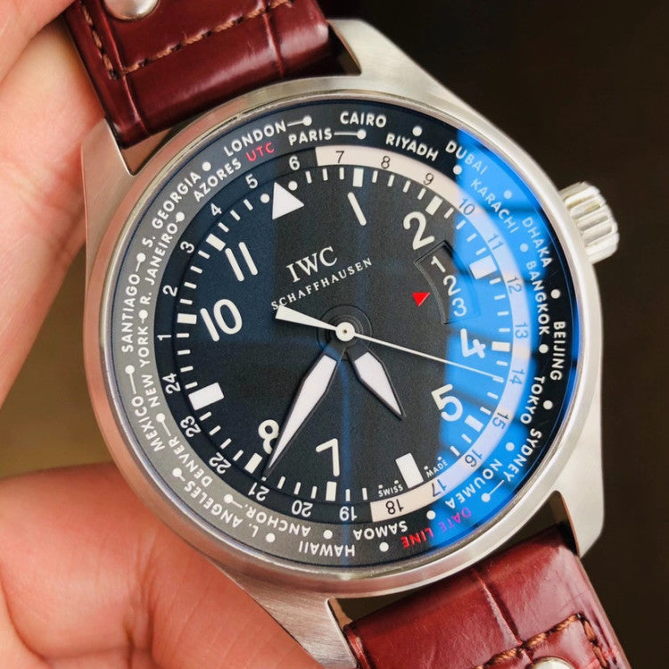 Replica Pilot Worldtimer IW326201 Steel Black Dial Brown Alligator Strap 44mm