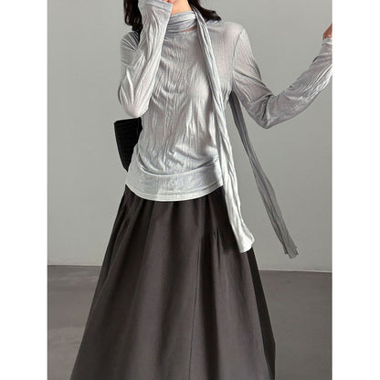 Soft long-sleeve T-shirt for women, autumn new style, slimming pleated TENCEL blend undershirt with scarf pairing
