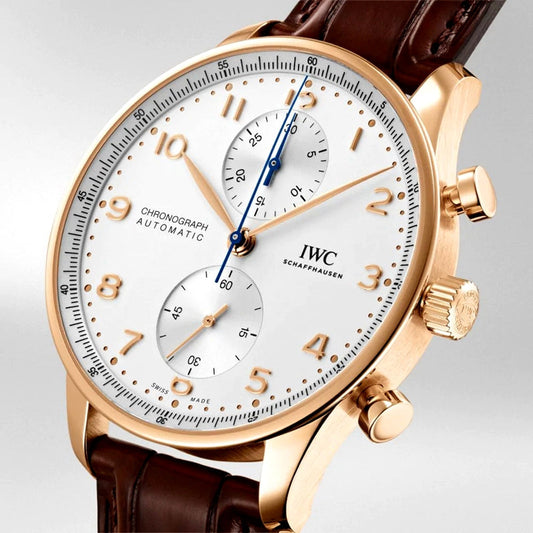 Replica Portugieser Chronograph IW371611 Steel White Dial Brown Alligator Strap 40.9mm