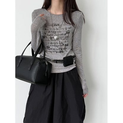 Unique Design Graffiti Letter Long Sleeve T-shirt for Women, Summer Silk Wool Base Layer