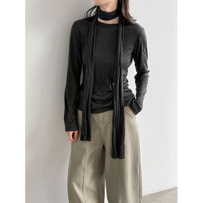 Soft long-sleeve T-shirt for women, autumn new style, slimming pleated TENCEL blend undershirt with scarf pairing