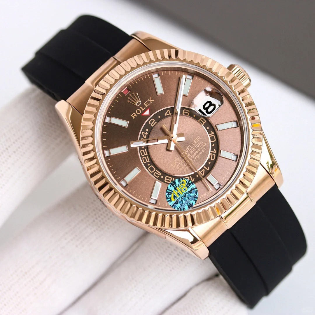 Automatic Watch for Men Replica Sky Dweller Brown Dial Rubber Belt 40mm R061213