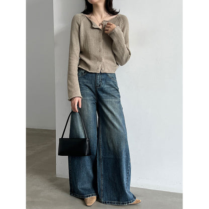 Edge Round Neck Knit Cardigan Women Versatile Minimalist Sweater Short Top