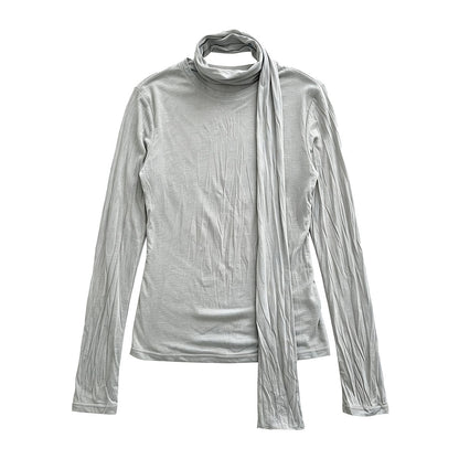 Soft long-sleeve T-shirt for women, autumn new style, slimming pleated TENCEL blend undershirt with scarf pairing
