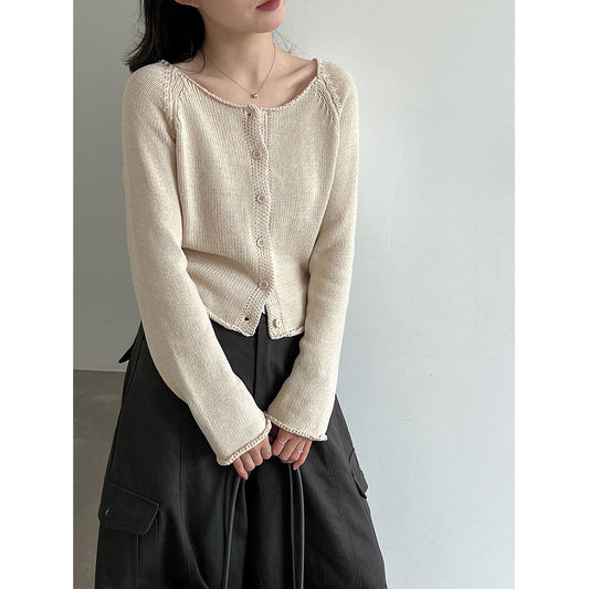 Edge Round Neck Knit Cardigan Women Versatile Minimalist Sweater Short Top