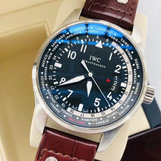 Replica Pilot Worldtimer IW326201 Steel Black Dial Brown Alligator Strap 44mm