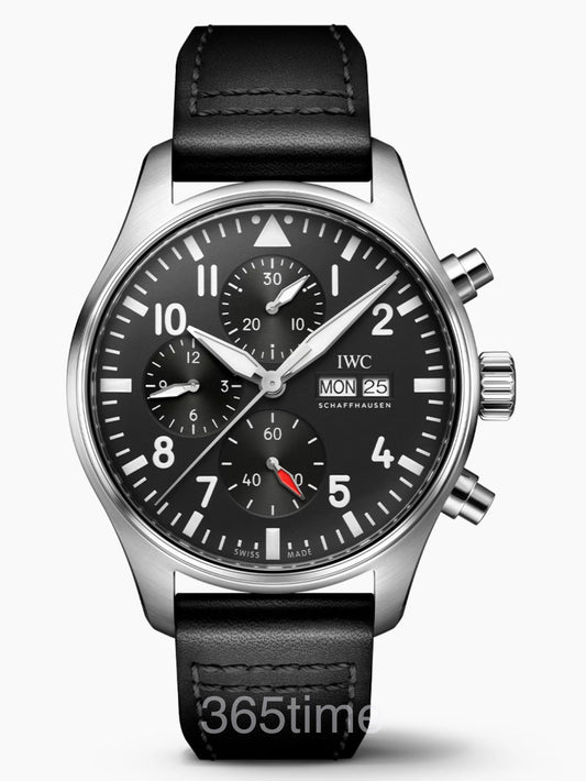 Replica Pilot’s Watch Chronograph, Ref. IW378001 (Stainless Steel Case, Black Dial, Black Leather Strap, 43mm) VK63 Quartz Movement