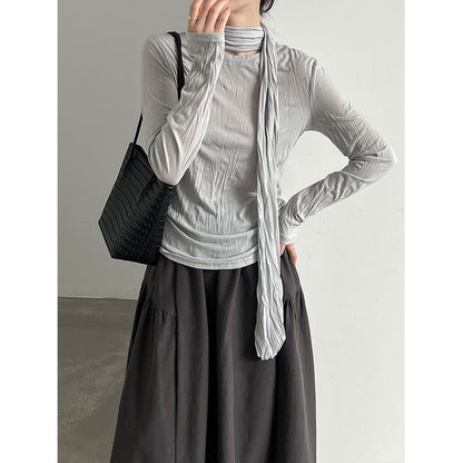 Soft long-sleeve T-shirt for women, autumn new style, slimming pleated TENCEL blend undershirt with scarf pairing
