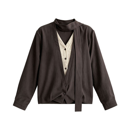 Tie-Neck False Two-Piece V-Neck Blouse for Women  Relaxed Design Ribbon Long Sleeve Top