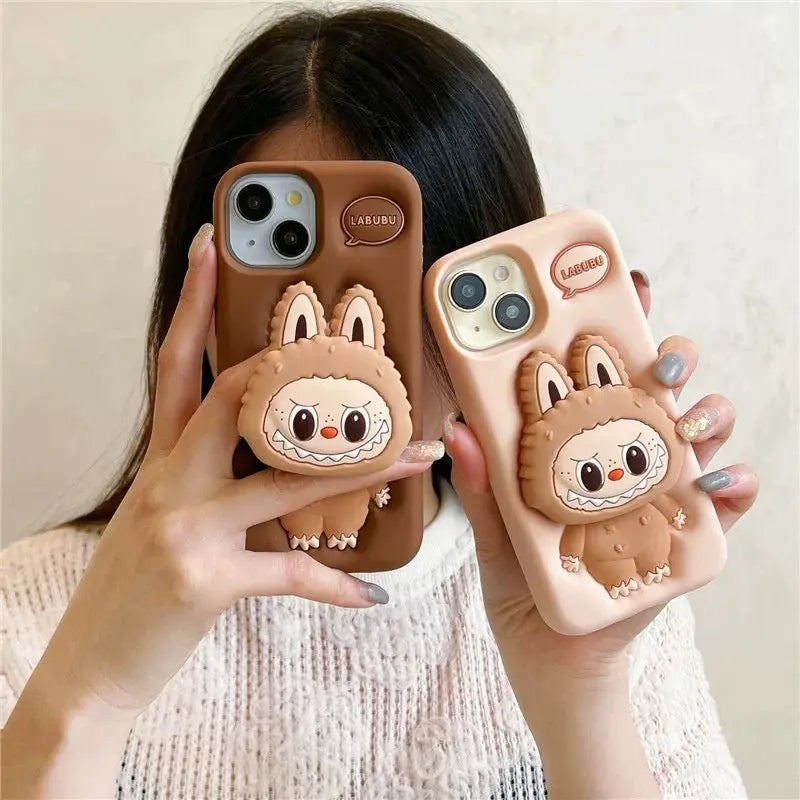 Cute Cartoon Labubu Zimomo Silicone with Stand | Brown/Pink - iPhone Case-s2 mysite