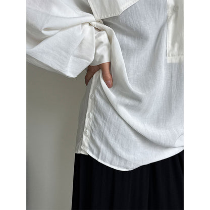 V-Neck Linen Shirt for Women, Long Sleeve, Autumn New Arrival, Elegant Blogger Loose Fit Design Blouse