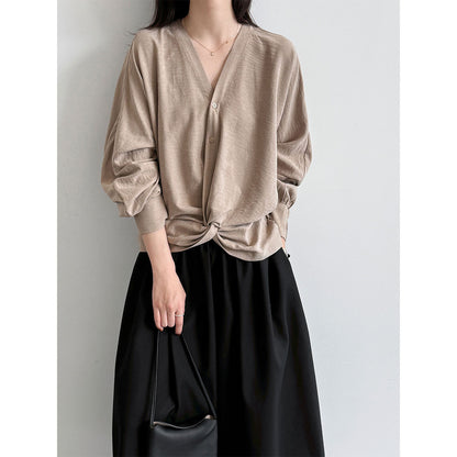 High-Perception V-Neck Pleated Knot Waist-Cinching Blouse for Women, Relaxed Commute Top