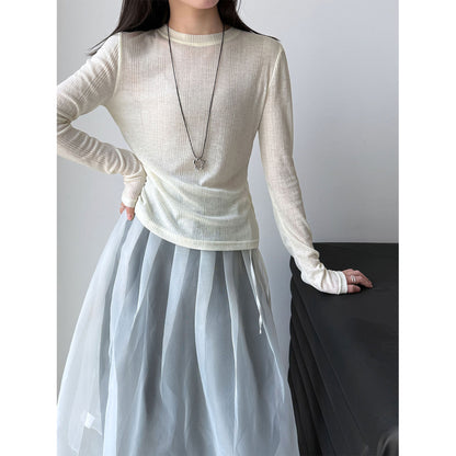 Deer West  sheer textured versatile women's undershirt, spring new commuting inner long sleeve T-shirt