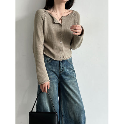 Edge Round Neck Knit Cardigan Women Versatile Minimalist Sweater Short Top