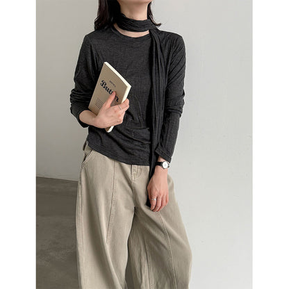 Soft long-sleeve T-shirt for women, autumn new style, slimming pleated TENCEL blend undershirt with scarf pairing