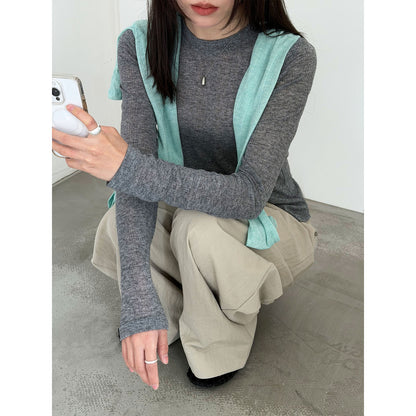 Deer West  sheer textured versatile women's undershirt, spring new commuting inner long sleeve T-shirt