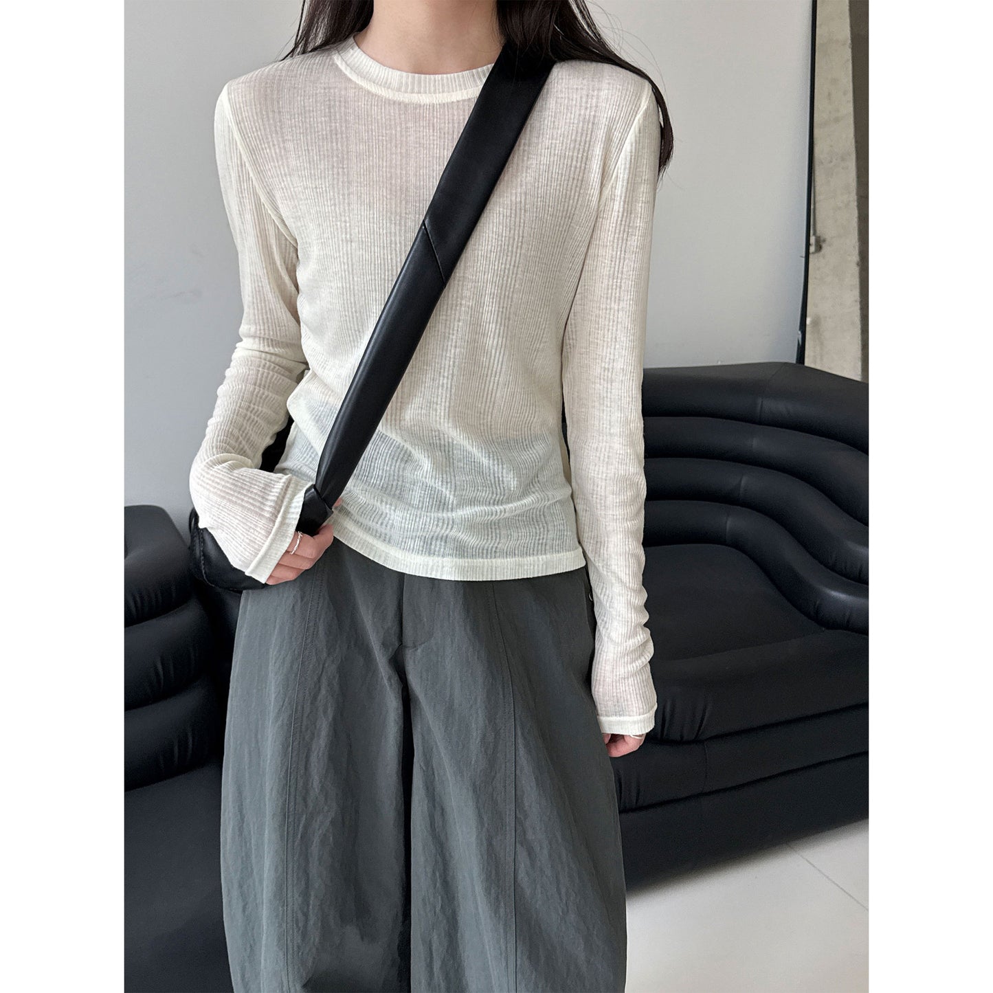 Deer West  sheer textured versatile women's undershirt, spring new commuting inner long sleeve T-shirt