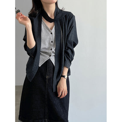 Tie-Neck False Two-Piece V-Neck Blouse for Women  Relaxed Design Ribbon Long Sleeve Top