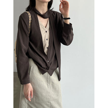 Tie-Neck False Two-Piece V-Neck Blouse for Women  Relaxed Design Ribbon Long Sleeve Top