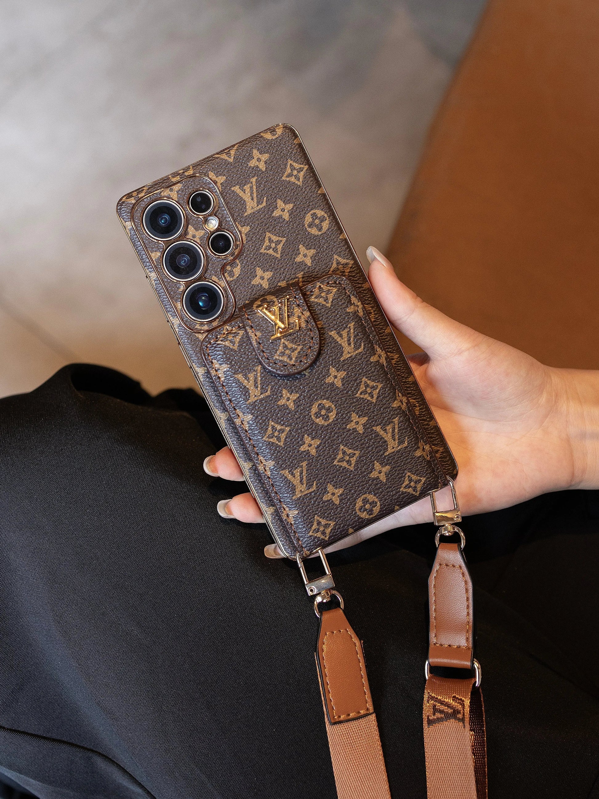 Luxury Monogram Leather Multi-Function Phone Case with Wrist Strap-1 mysite