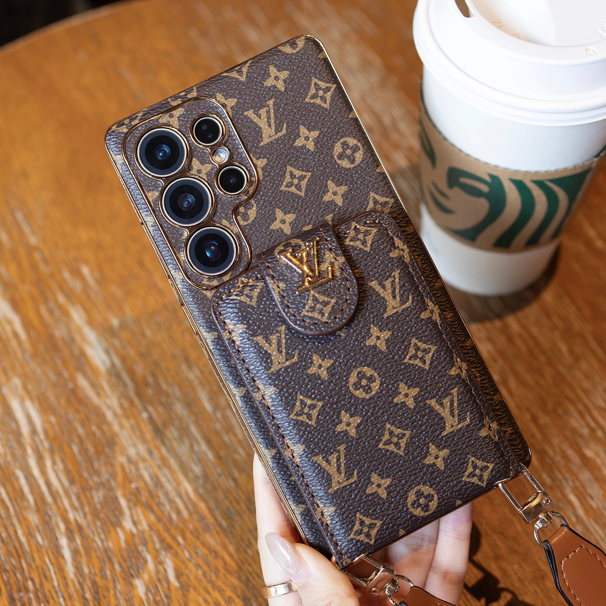 Luxury Monogram Leather Multi-Function Phone Case with Wrist Strap-1 mysite