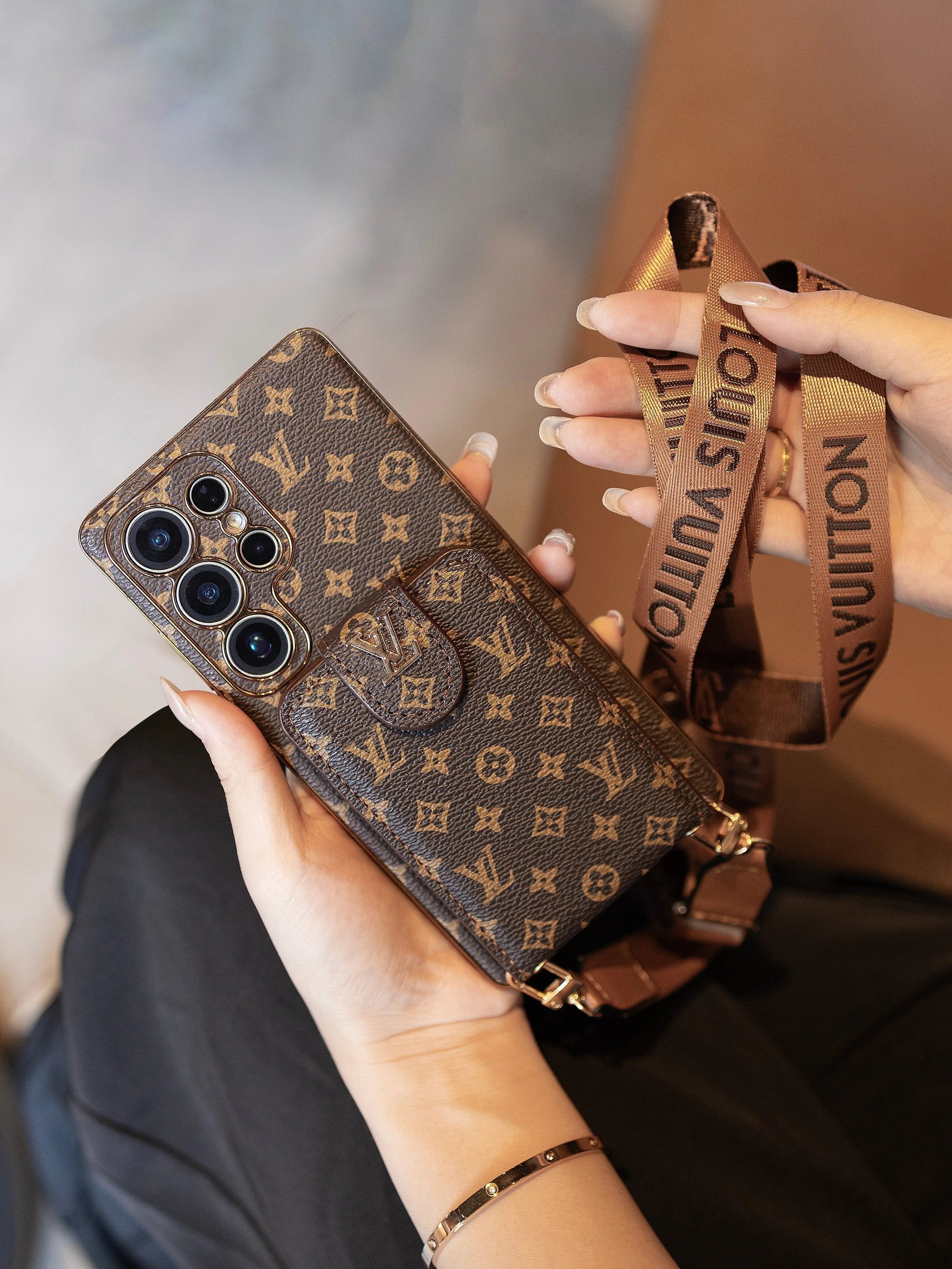 Luxury Monogram Leather Multi-Function Phone Case with Wrist Strap-1 mysite