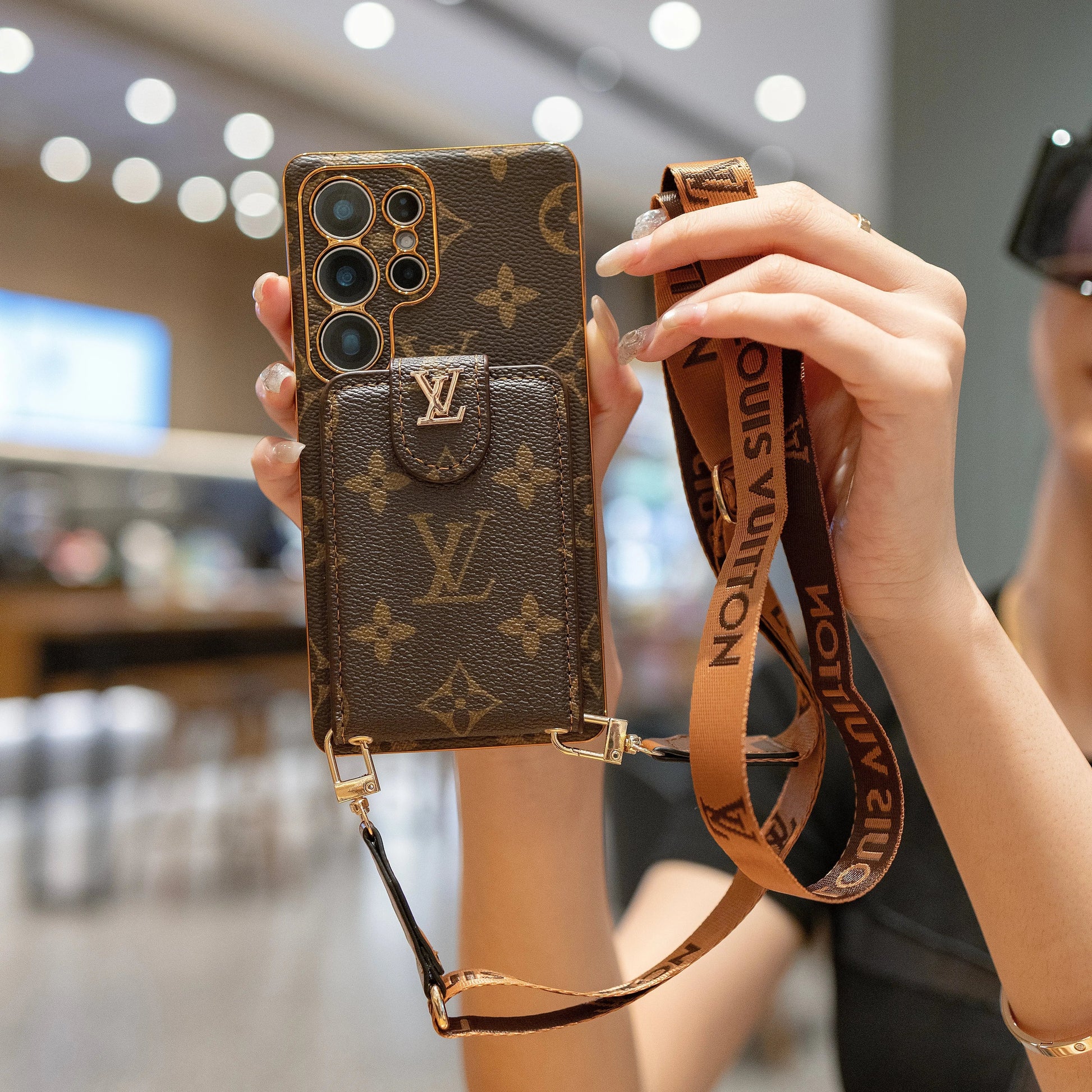 Luxury Monogram Leather Multi-Function Phone Case with Wrist Strap-1 mysite