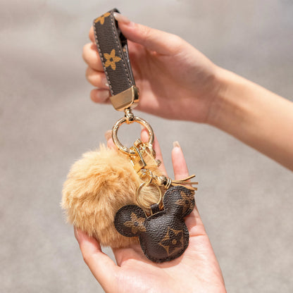 Luxury Mickey Keychain – Faux Leather & Fur Pom Charm-s2 mysite