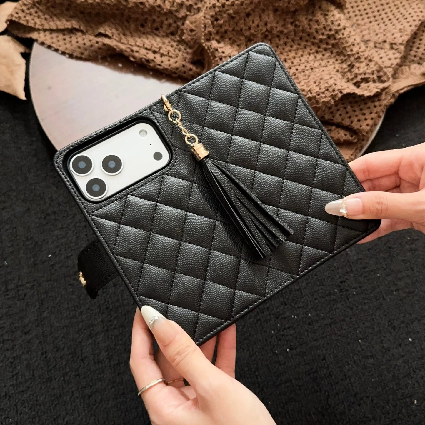 Luxury Quilted Wallet iPhone Case with Tassel & Gold Clasp-s2 mysite
