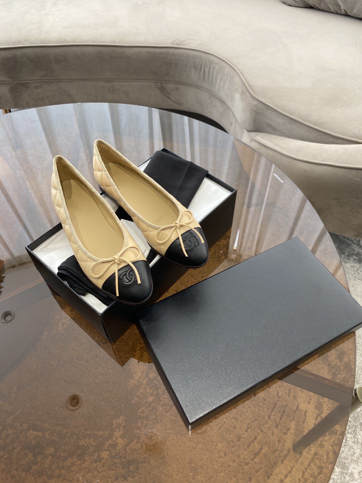 BALLET FLATS BEIGE BLACK QUILTED LAMBSKIN mysite
