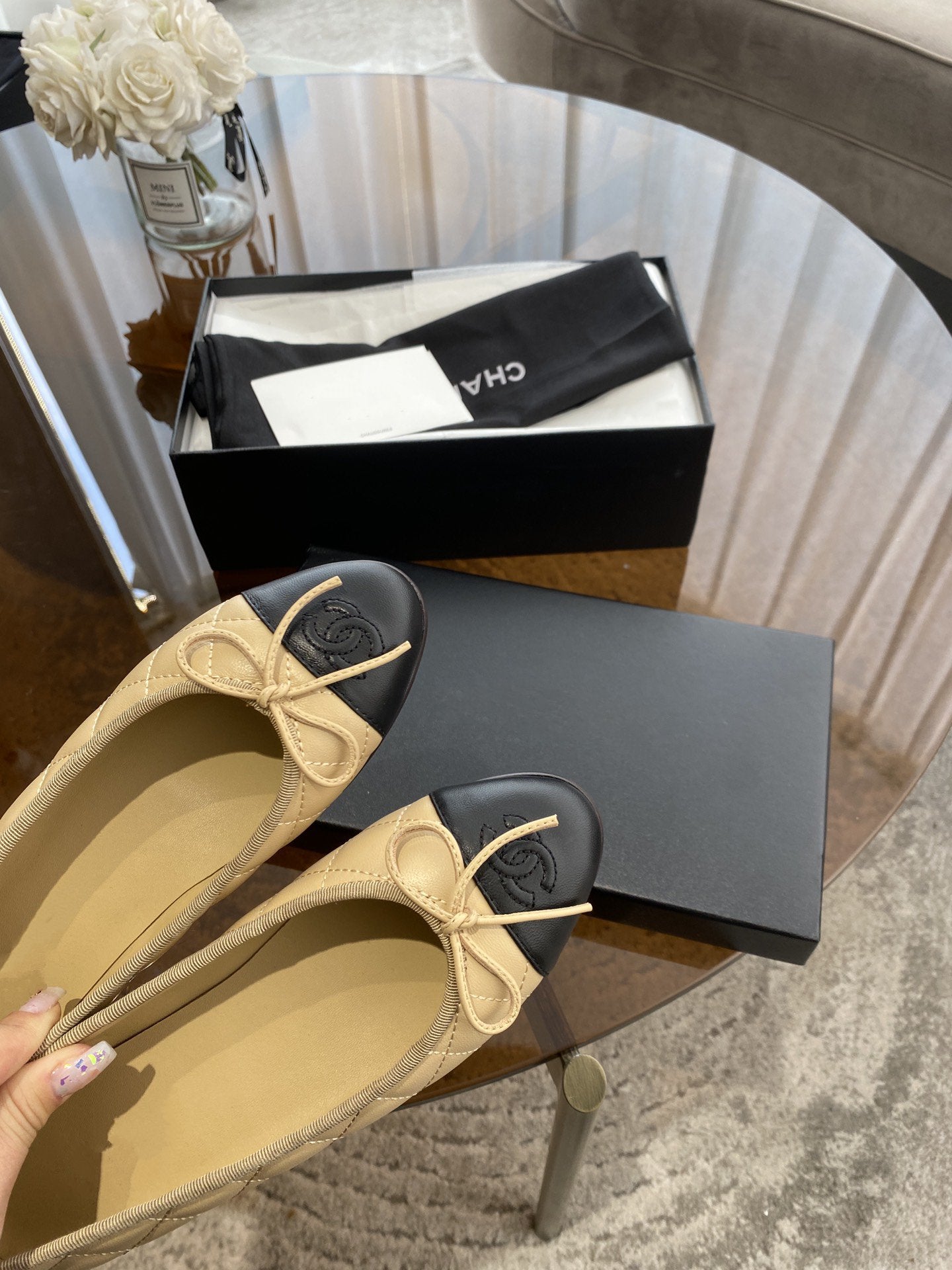 BALLET FLATS BEIGE BLACK QUILTED LAMBSKIN mysite