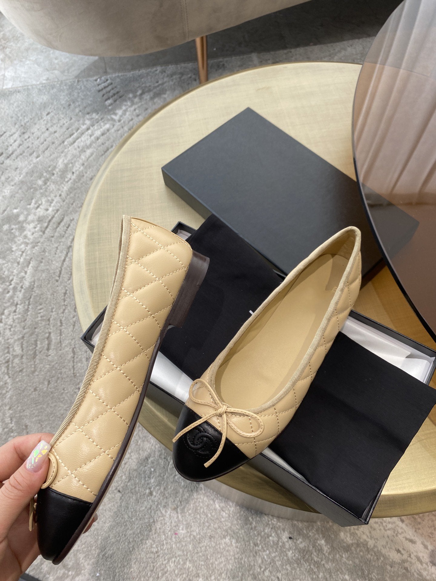 BALLET FLATS BEIGE BLACK QUILTED LAMBSKIN mysite
