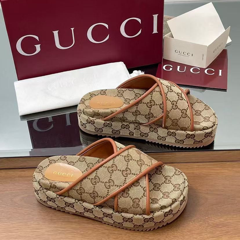 GG PLATFORM SANDALS IN BEIGE AND DARK BROWN GG CANVAS mysite