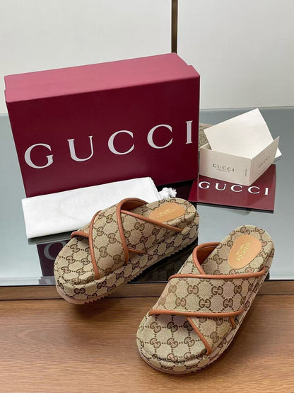 GG PLATFORM SANDALS IN BEIGE AND DARK BROWN GG CANVAS mysite