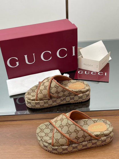 GG PLATFORM SANDALS IN BEIGE AND DARK BROWN GG CANVAS mysite