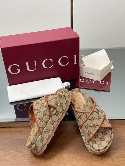 GG PLATFORM SANDALS IN BEIGE AND DARK BROWN GG CANVAS mysite